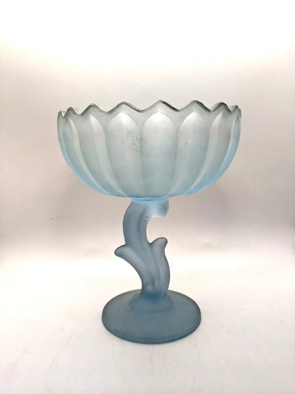 Indiana Glass Compote Frosted Satin Blue Lotus Blossom Pedestal Bowl 7.5
